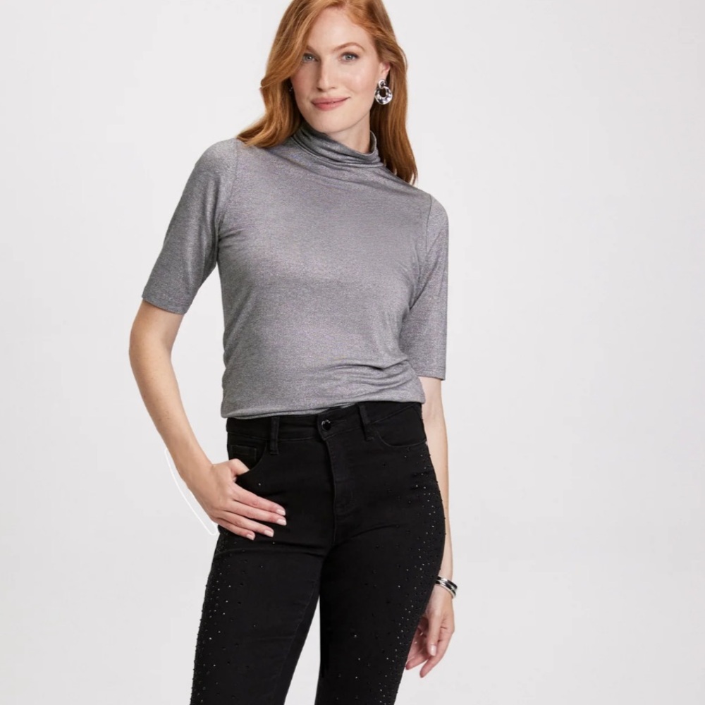 Laura Metallic Knit Turtleneck Top Silver Grey
